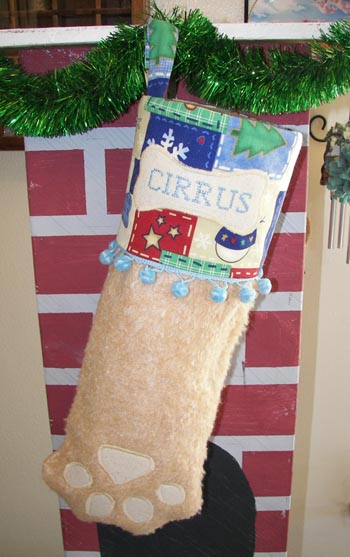 Dog or Cat Paw Christms Stocking Tan with blue trim