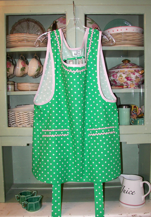 Grandma Apron in Green Polka Dot with pink trim
