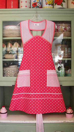 1940 pink polka dot with pink gingham retro apron