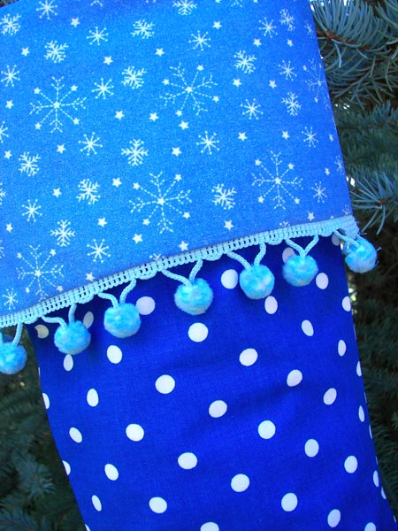 Blue Polka Dot Christmas Stocking close up