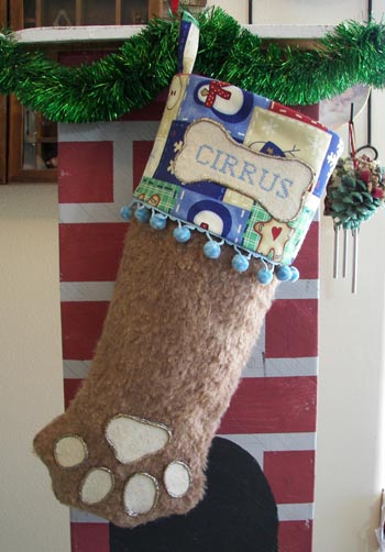Dog or Cat Paw Christmas Stocking brown fur with blue trim